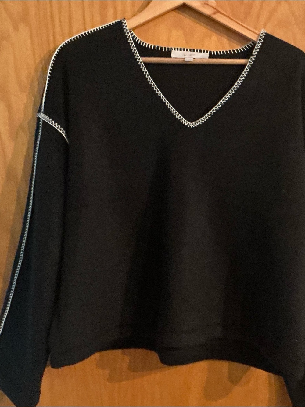 LOFT Black V-Neck Sweatshirt with White Contrast Stitching